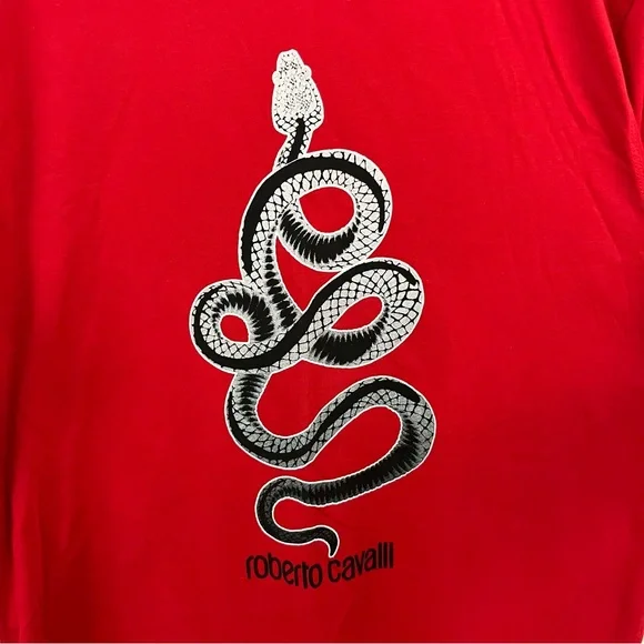 Roberto Cavalli Red Snake Graphic T-Shirt XL Designer Cotton Tee - Picture 3 of 6